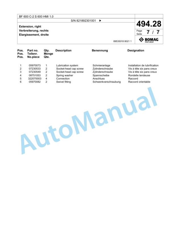 Bomag BF 600 C-2 S 600 HMI 1.0 Paver Spare Parts Catalogue 00825903-2