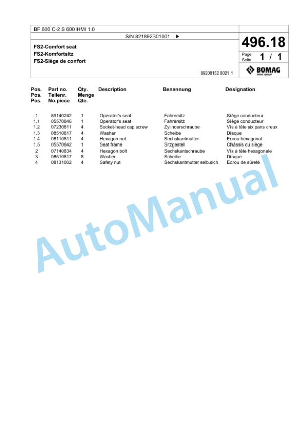Bomag BF 600 C-2 S 600 HMI 1.0 Paver Spare Parts Catalogue 00825903-4