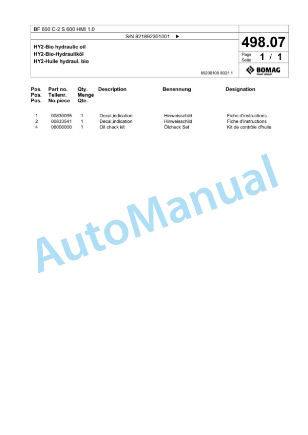 Bomag BF 600 C-2 S 600 HMI 1.0 Paver Spare Parts Catalogue 00825903-5