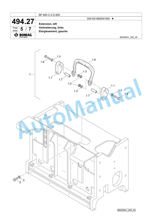 Bomag BF 600 C-2 S 600 Paver Spare Parts Catalogue 00800905-2