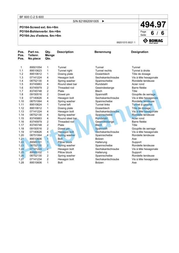Bomag BF 600 C-2 S 600 Paver Spare Parts Catalogue 00800905-3