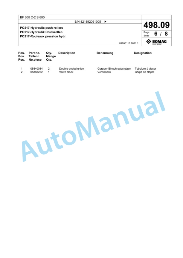 Bomag BF 600 C-2 S 600 Paver Spare Parts Catalogue 00800905-5