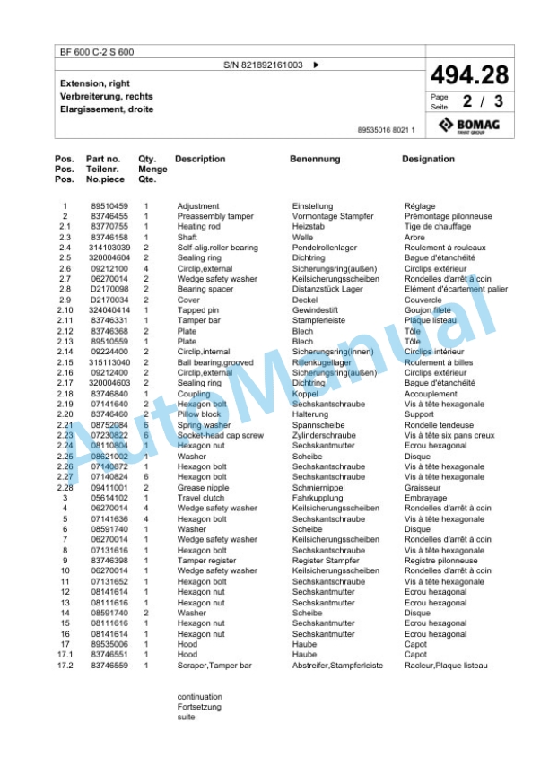Bomag BF 600 C-2 S 600 Paver Spare Parts Catalogue 00800945-2