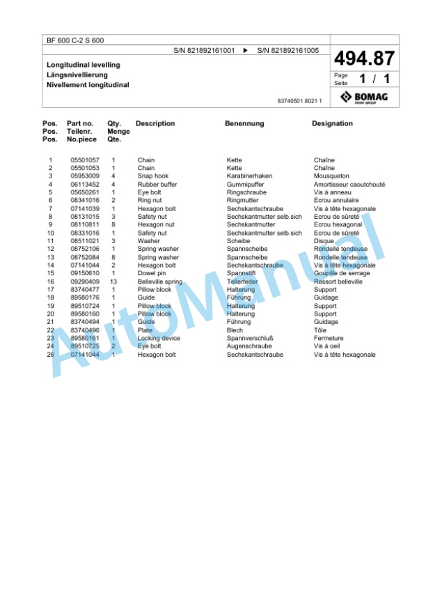 Bomag BF 600 C-2 S 600 Paver Spare Parts Catalogue 00800945-3