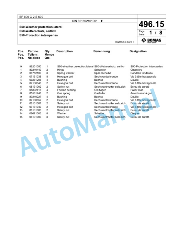 Bomag BF 600 C-2 S 600 Paver Spare Parts Catalogue 00800945-4