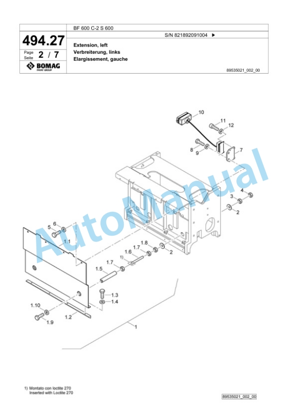 Bomag BF 600 C-2 S 600 Paver Spare Parts Catalogue 00824487-2