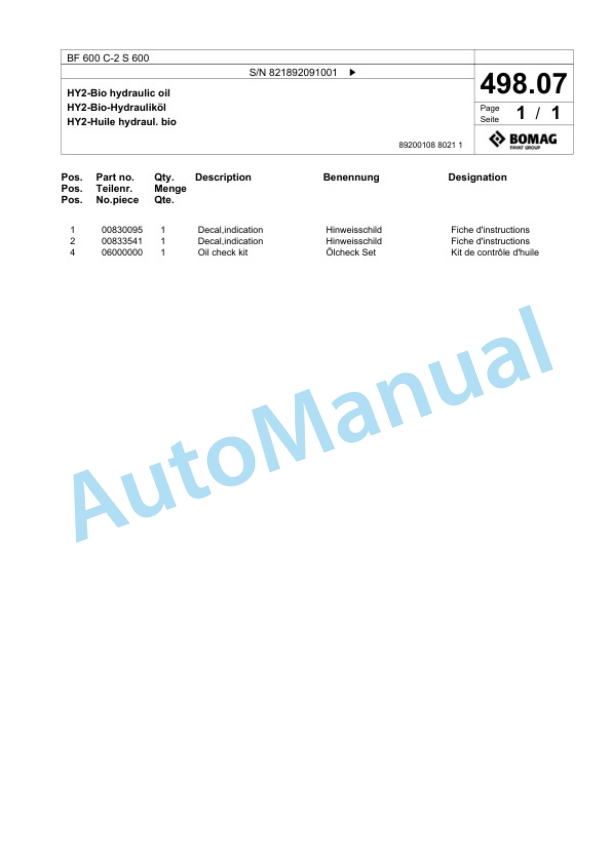 Bomag BF 600 C-2 S 600 Paver Spare Parts Catalogue 00824487-4