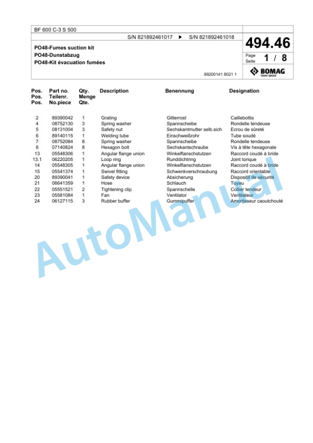Bomag BF 600 C-3 S 500 Paver Spare Parts Catalogue 00826415-2