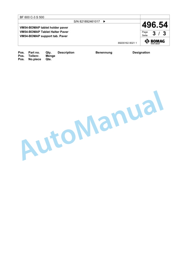 Bomag BF 600 C-3 S 500 Paver Spare Parts Catalogue 00826415-4