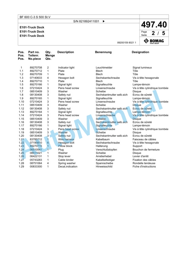 Bomag BF 600 C-3 S 500 St.V Paver Spare Parts Catalogue 00826349-4