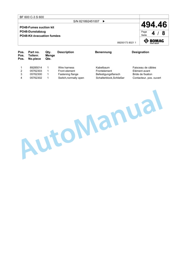 Bomag BF 600 C-3 S 600 Paver Spare Parts Catalogue 00826413-2