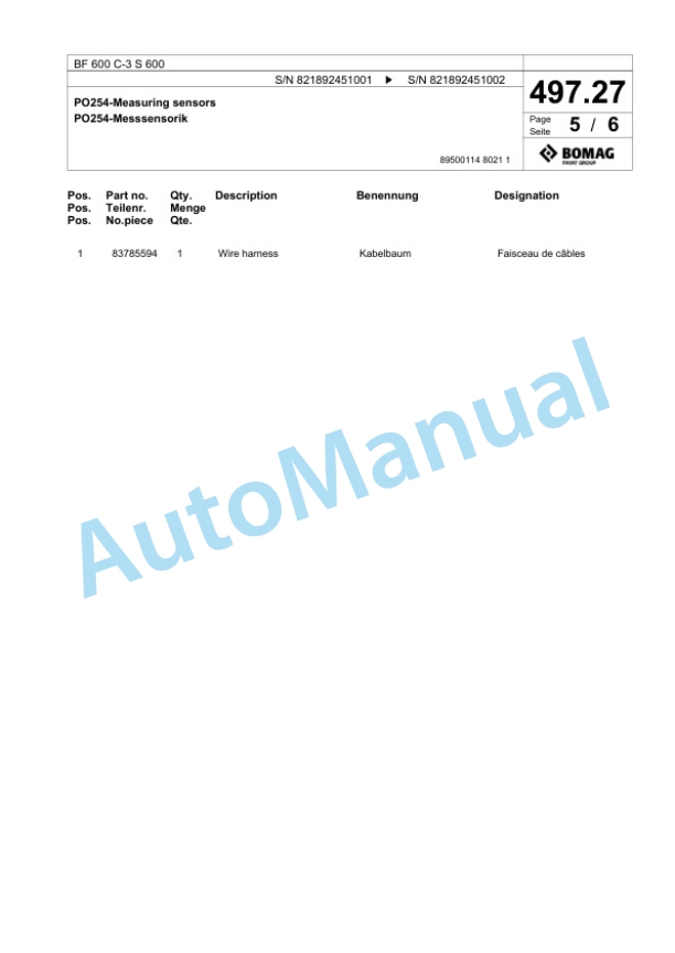 Bomag BF 600 C-3 S 600 Paver Spare Parts Catalogue 00826413-4