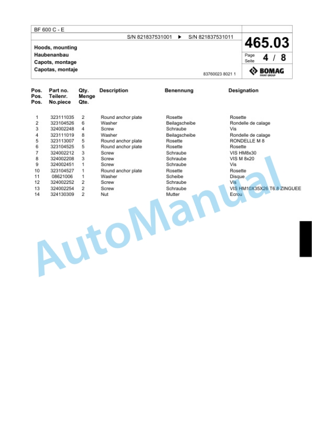 Bomag BF 600 C - E Paver Spare Parts Catalogue 00800651-2