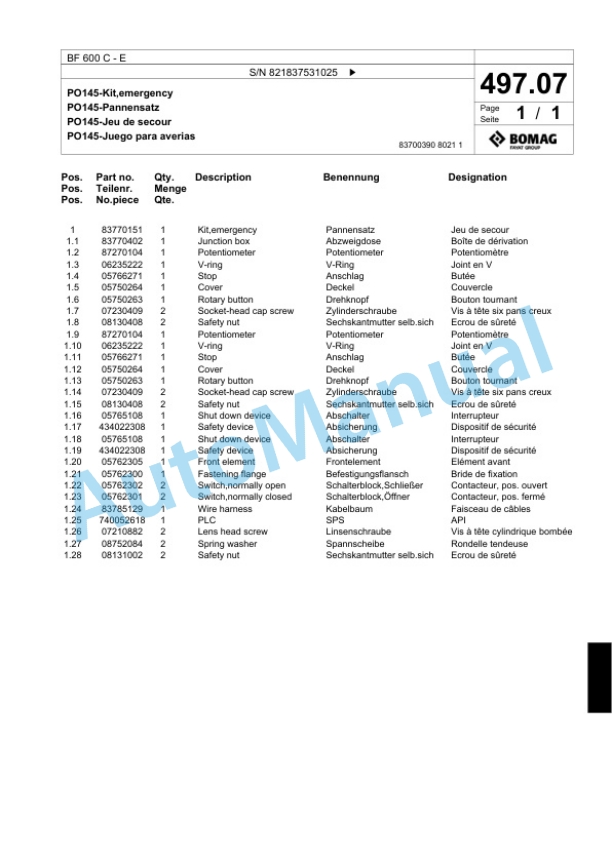 Bomag BF 600 C - E Paver Spare Parts Catalogue 00800651-4