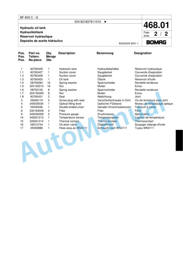 Bomag BF 600 C - G Paver Spare Parts Catalogue 00800655-2