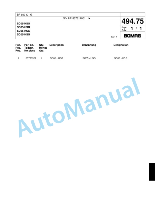 Bomag BF 600 C - G Paver Spare Parts Catalogue 00800655-3