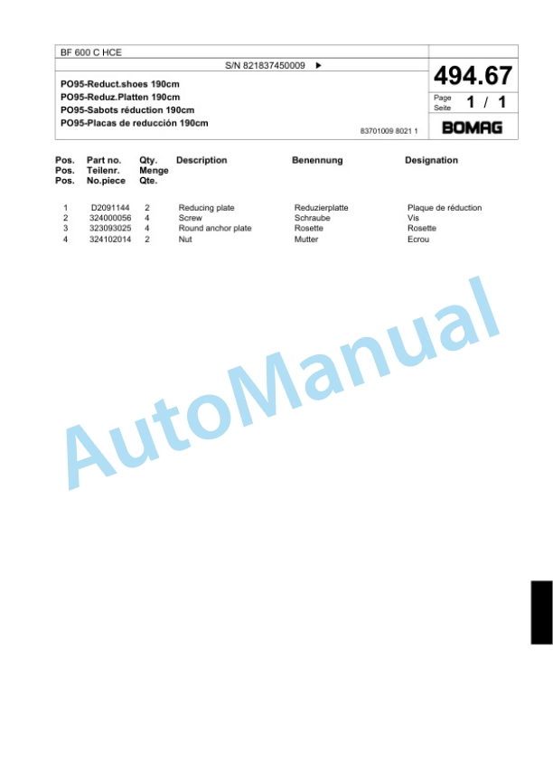 Bomag BF 600 C HCE Paver Spare Parts Catalogue 00800633-3