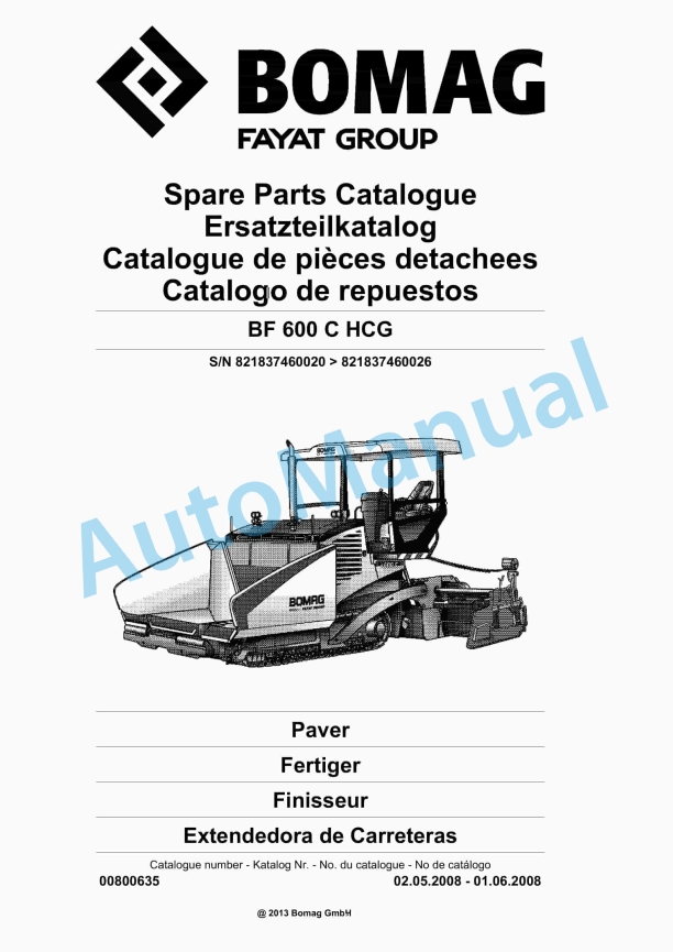 Bomag BF 600 C HCG Paver Spare Parts Catalogue 00800635