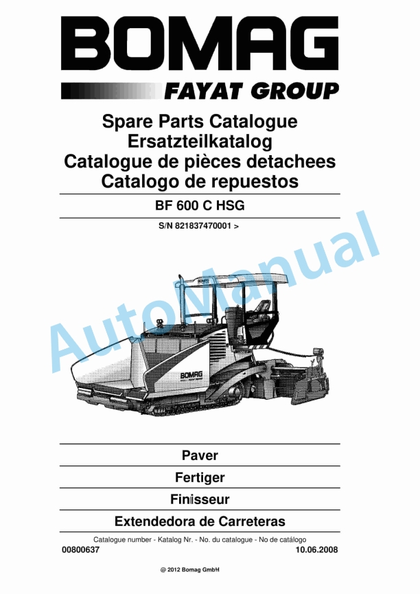 Bomag BF 600 C HCG Paver Spare Parts Catalogue 00800637