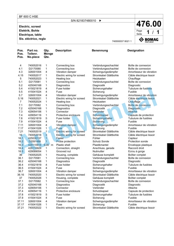 Bomag BF 600 C HSE Paver Spare Parts Catalogue 00800639-2