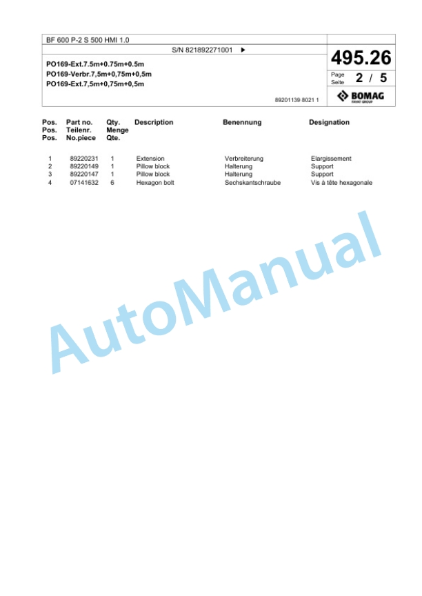 Bomag BF 600 P-2 S 500 HMI 1.0 Paver Spare Parts Catalogue 00825913-3