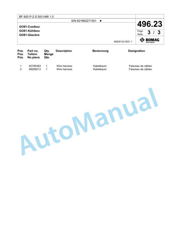 Bomag BF 600 P-2 S 500 HMI 1.0 Paver Spare Parts Catalogue 00825913-4