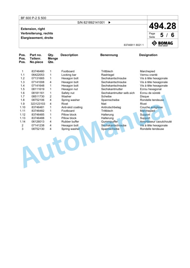 Bomag BF 600 P-2 S 500 Paver Spare Parts Catalogue 00800911-2
