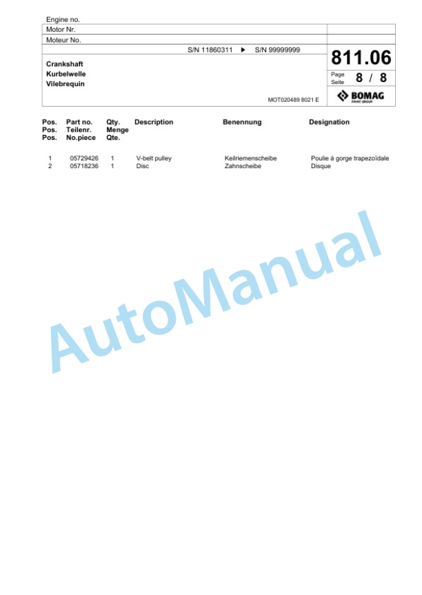 Bomag BF 600 P-2 S 500 Paver Spare Parts Catalogue 00800911-5