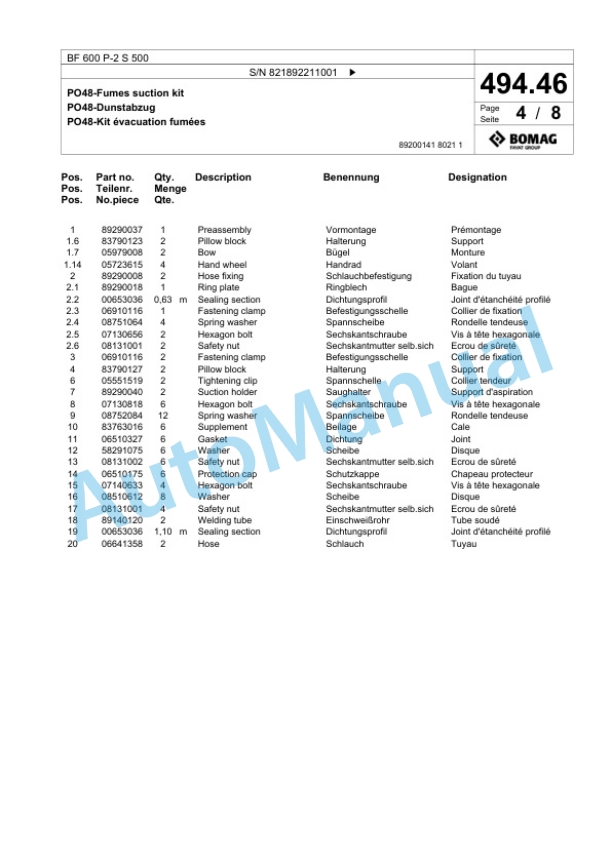 Bomag BF 600 P-2 S 500 Paver Spare Parts Catalogue 00800951-2