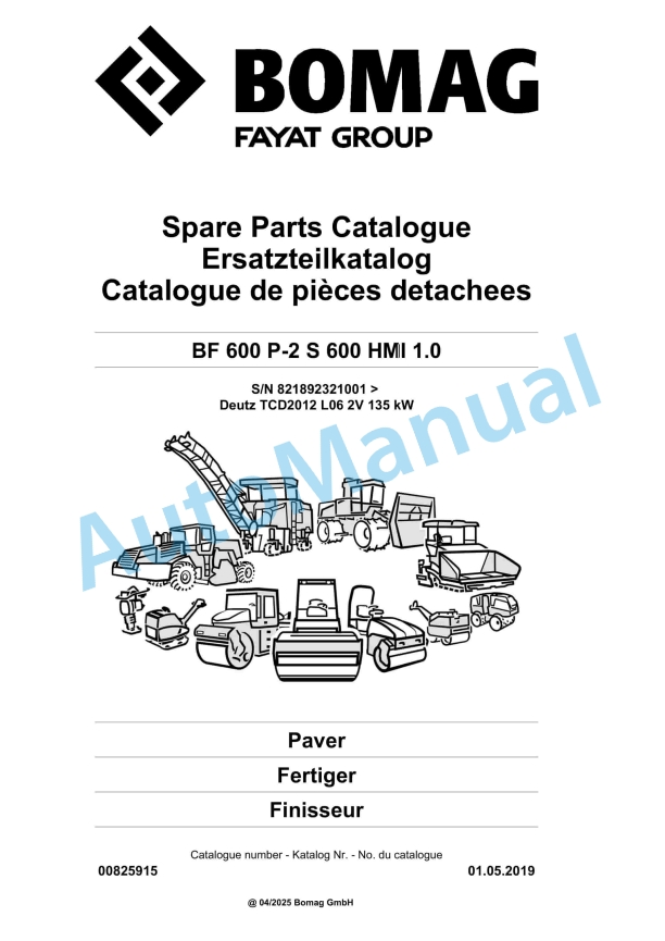 Bomag BF 600 P-2 S 600 HMI 1.0 Paver Spare Parts Catalogue 00825915