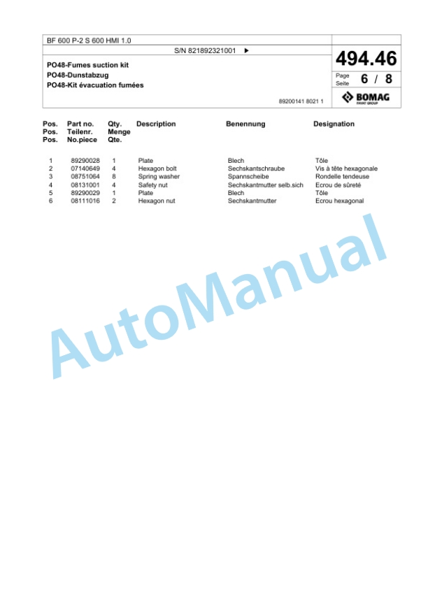 Bomag BF 600 P-2 S 600 HMI 1.0 Paver Spare Parts Catalogue 00825915-2