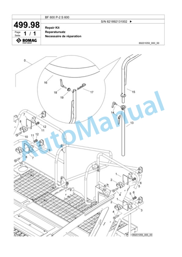 Bomag BF 600 P-2 S 600 Paver Spare Parts Catalogue 00800909-5