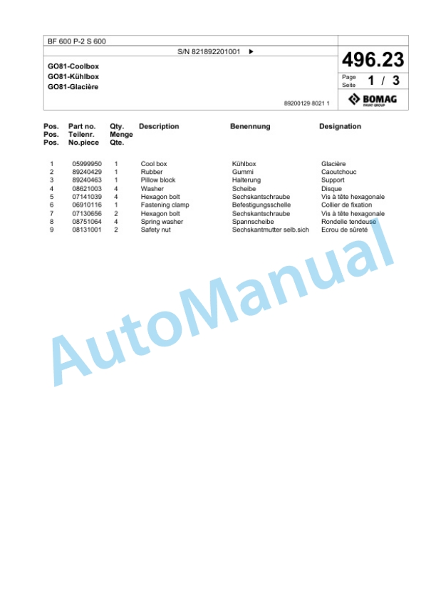 Bomag BF 600 P-2 S 600 Paver Spare Parts Catalogue 00800949-3