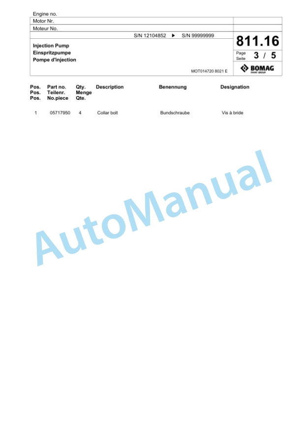 Bomag BF 600 P-2 S 600 Paver Spare Parts Catalogue 00800949-5
