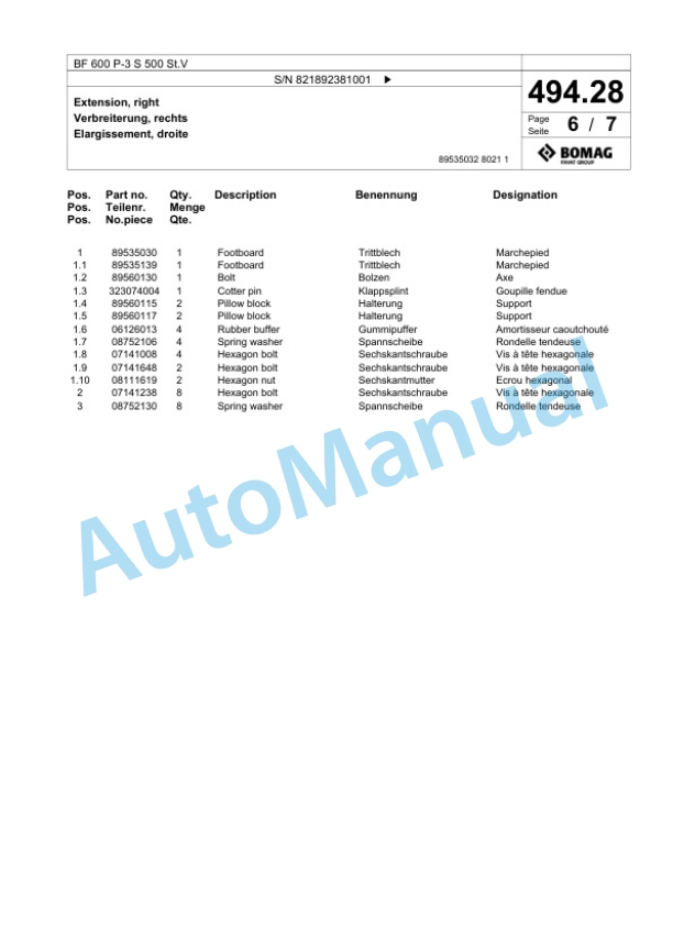 Bomag BF 600 P-3 S 500 St.V Paver Spare Parts Catalogue 00826343-2