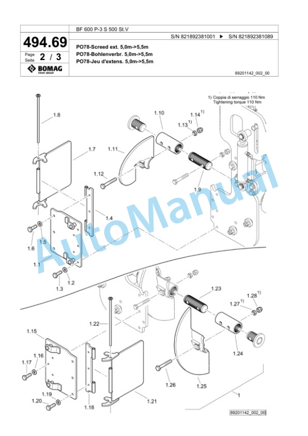 Bomag BF 600 P-3 S 500 St.V Paver Spare Parts Catalogue 00826343-3