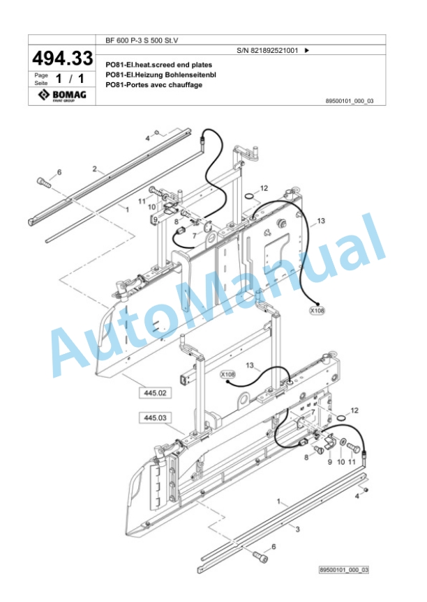 Bomag BF 600 P-3 S 500 St.V Paver Spare Parts Catalogue 00826971-2
