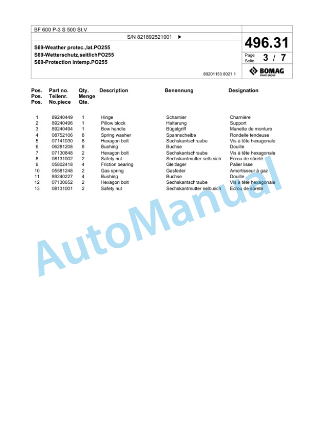 Bomag BF 600 P-3 S 500 St.V Paver Spare Parts Catalogue 00826971-3