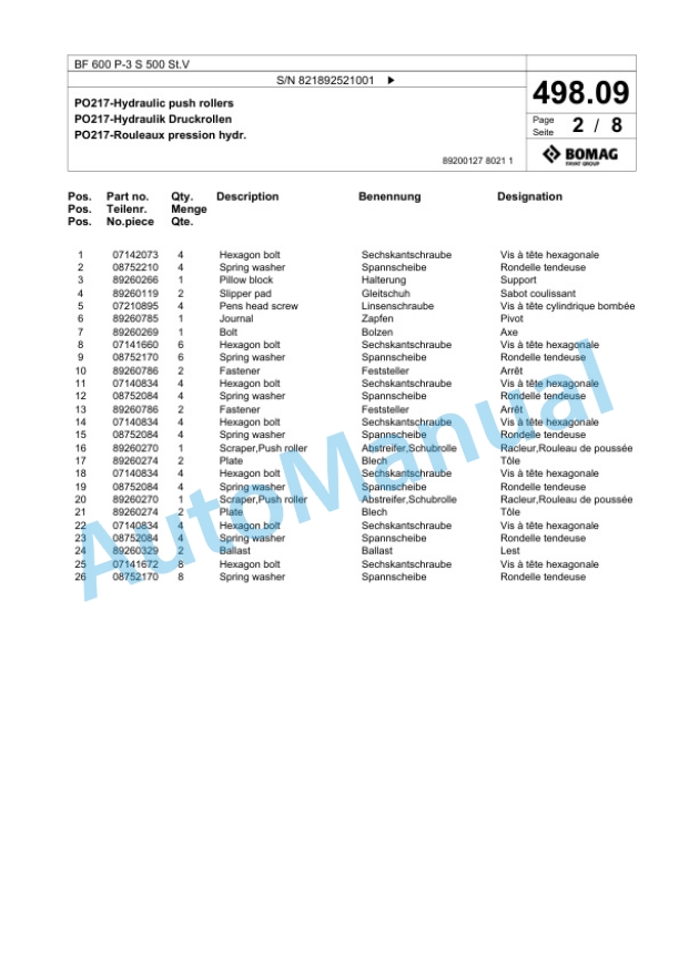 Bomag BF 600 P-3 S 500 St.V Paver Spare Parts Catalogue 00826971-4