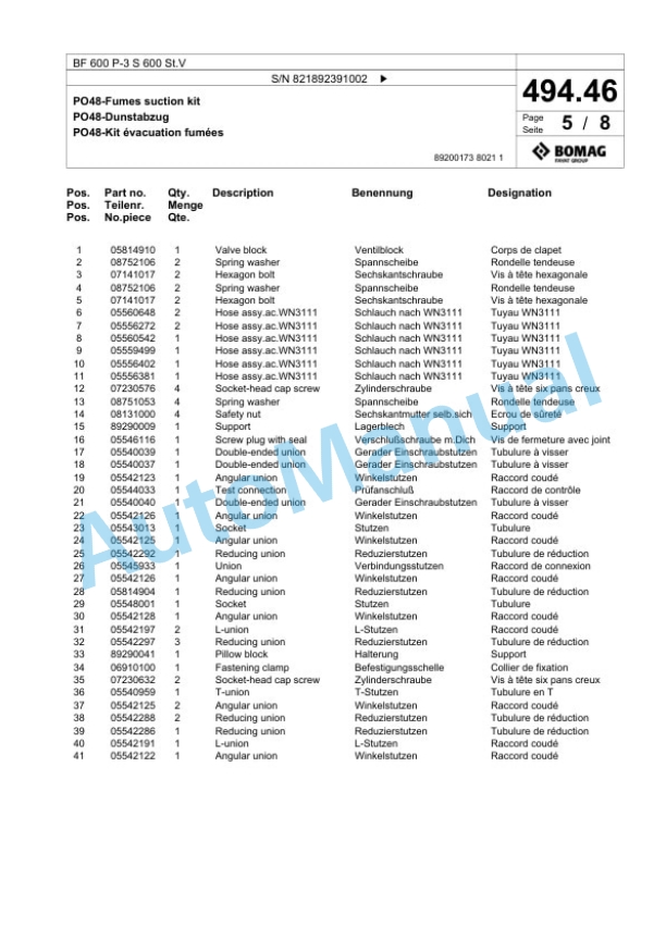 Bomag BF 600 P-3 S 600 St.V Paver Spare Parts Catalogue 00826345-2