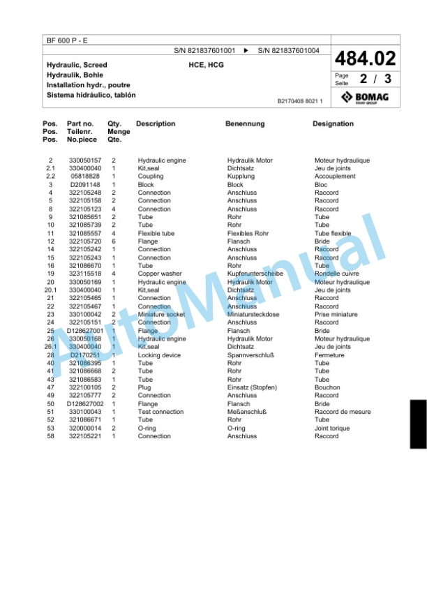Bomag BF 600 P - E Paver Spare Parts Catalogue 00800653-3