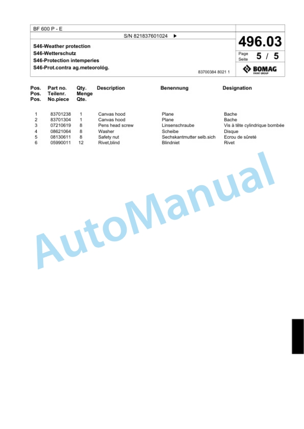 Bomag BF 600 P - E Paver Spare Parts Catalogue 00800653-4