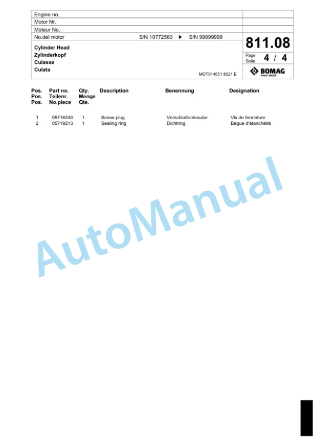 Bomag BF 600 P - E Paver Spare Parts Catalogue 00800653-5