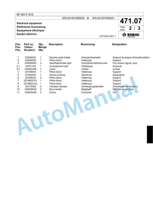 Bomag BF 600 P HCE Paver Spare Parts Catalogue 00800631-2