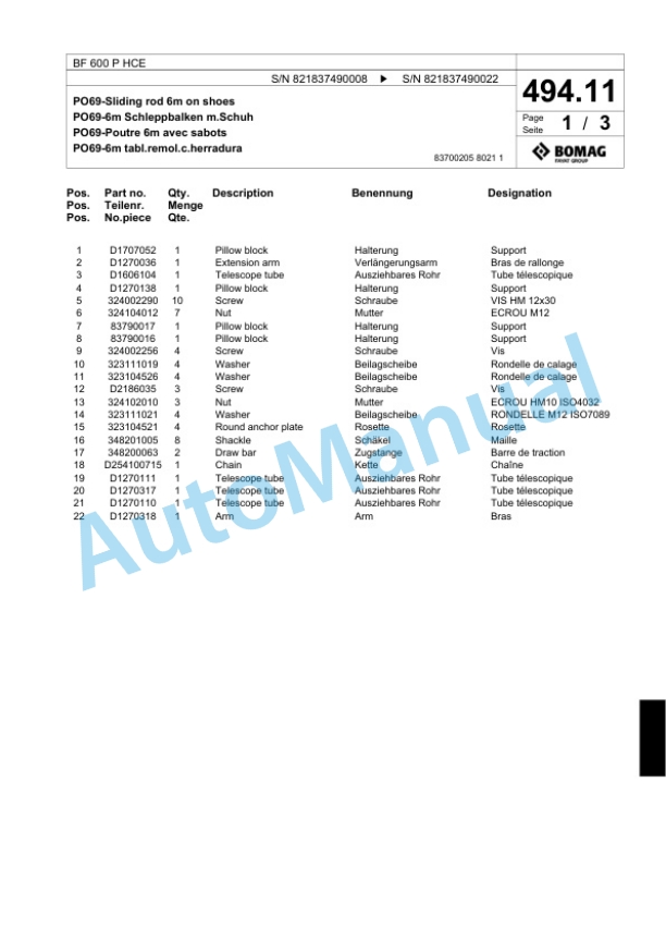 Bomag BF 600 P HCE Paver Spare Parts Catalogue 00800631-3