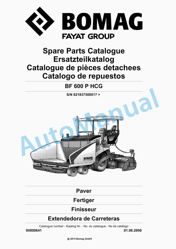 Bomag BF 600 P HCG Paver Spare Parts Catalogue 00800641