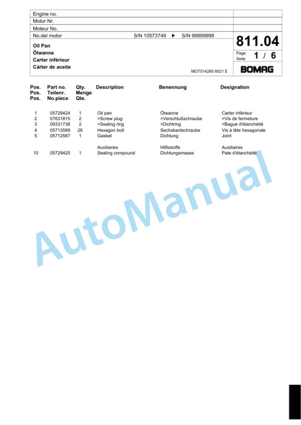 Bomag BF 600 P HCG Paver Spare Parts Catalogue 00800641-3