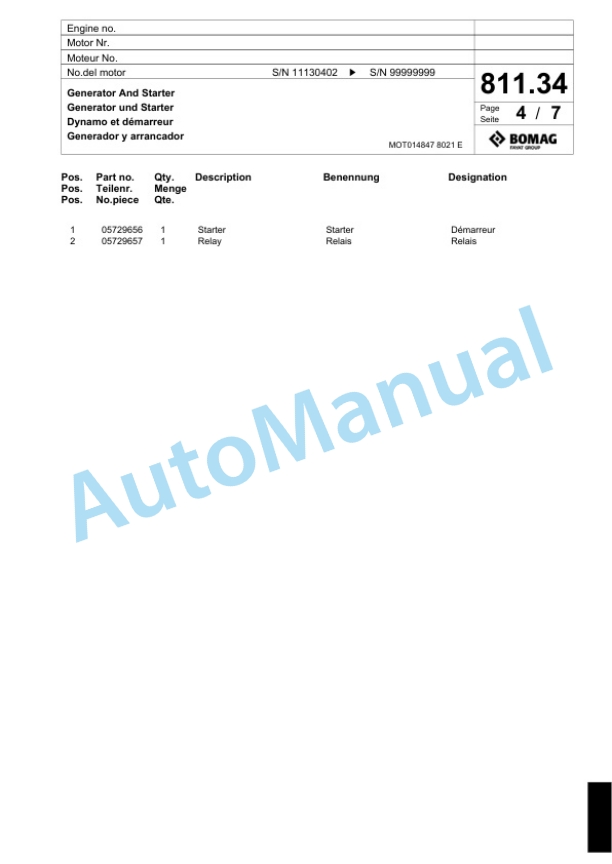 Bomag BF 600C HCE Paver Spare Parts Catalogue 00800733-5