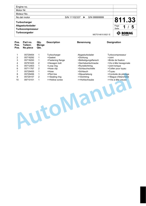 Bomag BF 600C HSE Paver Spare Parts Catalogue 00800731-5