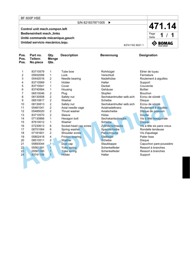Bomag BF 600P HSE Paver Spare Parts Catalogue 00800727-2